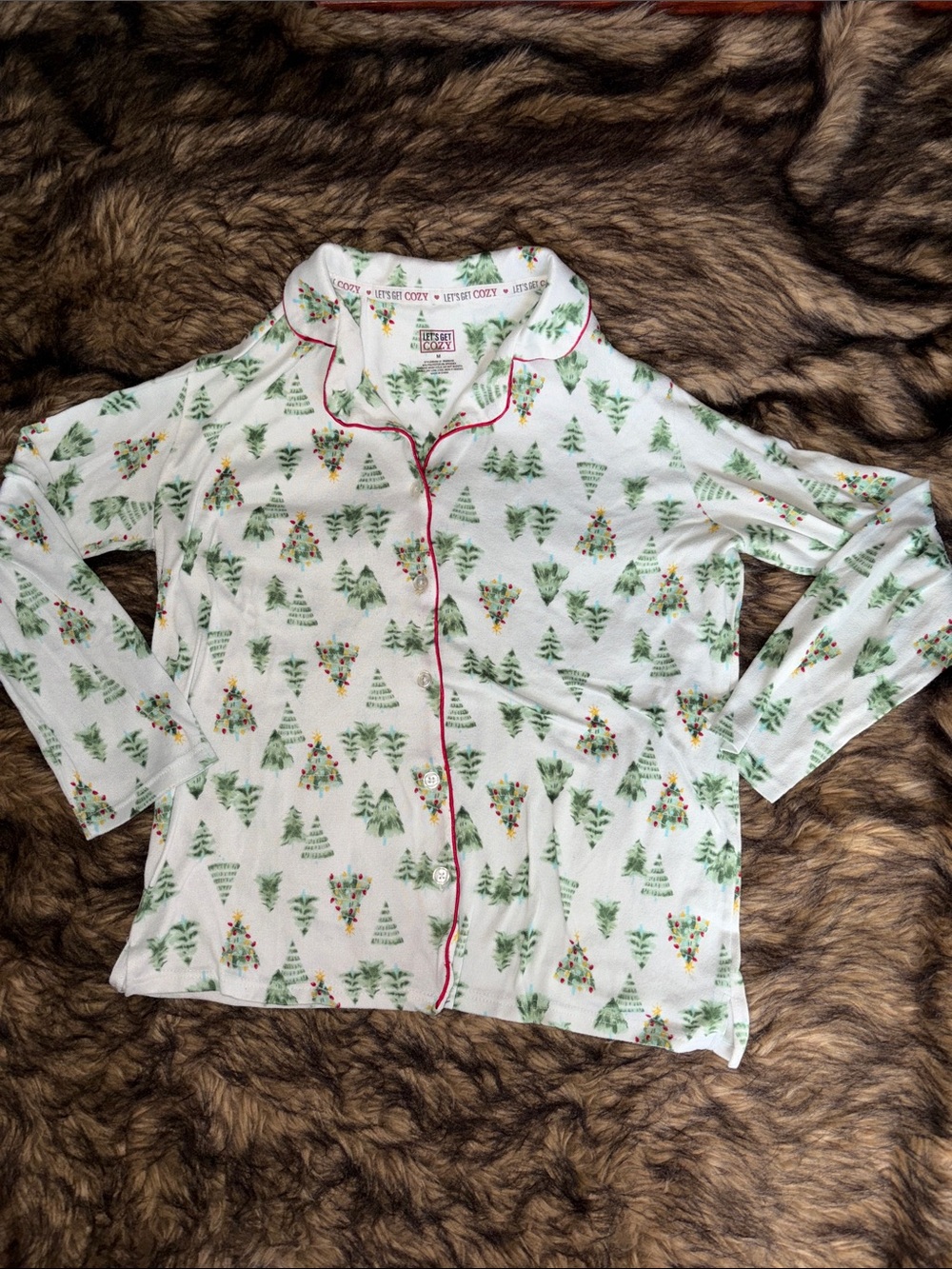 Let’s Get Cozy- Festive Christmas Tree Button Down Pajama Top Size Medium